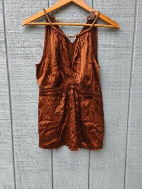 NWOT y2k Cache Silk Stretch Keyhole Chain Empire Waist Top sz S Bronze Lux Glam